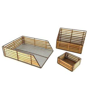 Bamboo & Metal Desk File Office Organozer